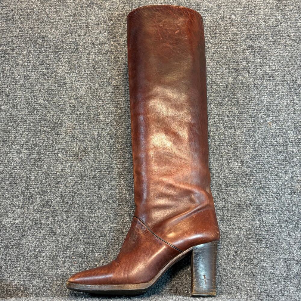 Vintage 70s Joan David Tall Knee High Brown Leather Boots Block Heel Womens 5.5